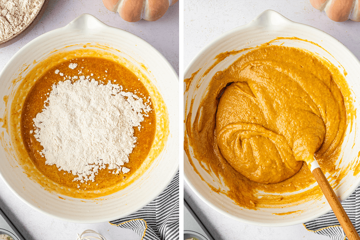 How to Make Pumpkin Spice Donuts (Step-by-Step Photos) Two images show a mixing bowl with pumpkin-colored batter; the left has flour on top, and the right shows the flour mixed in with a spatula, creating a smooth batter.