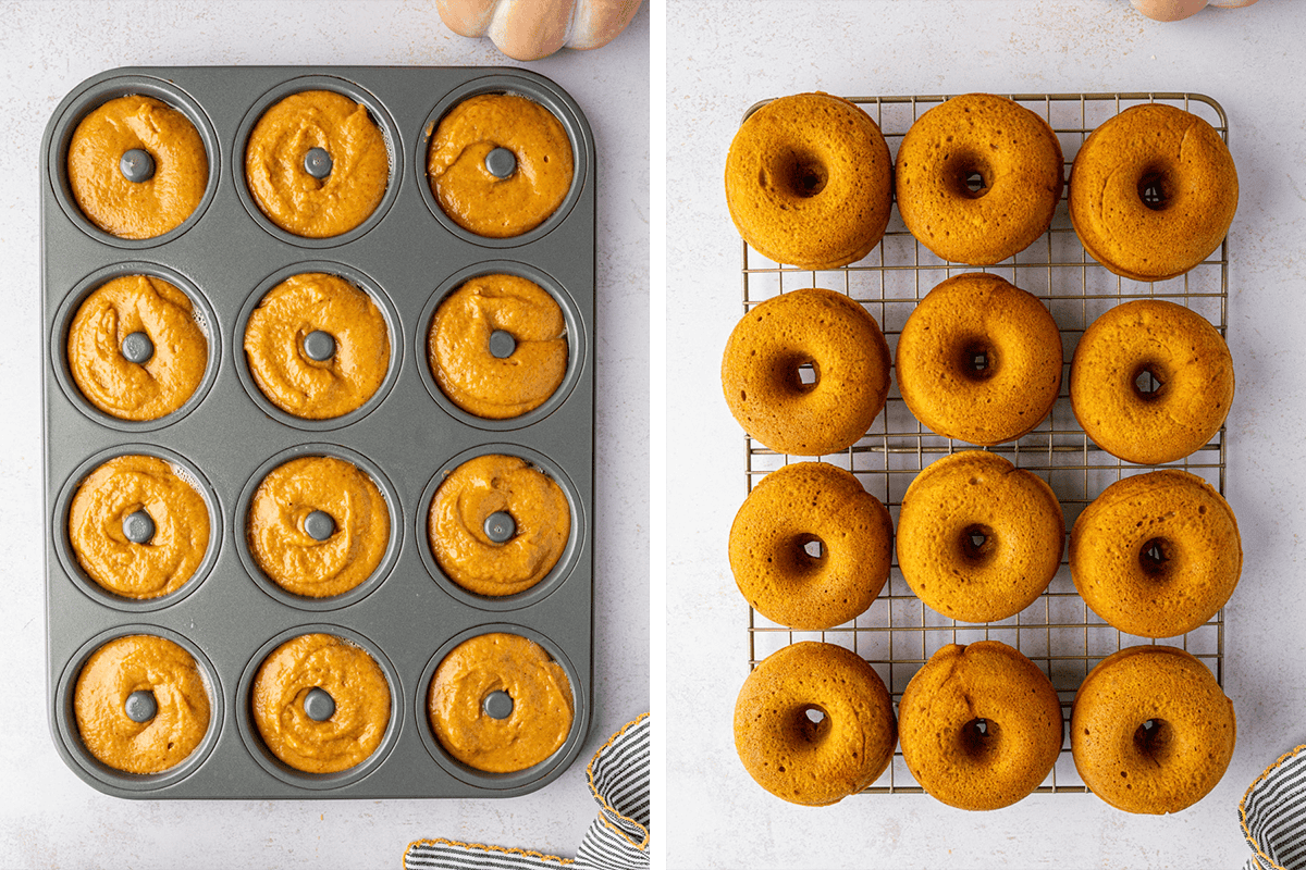 How to Make Pumpkin Spice Donuts (Step-by-Step Photos) A donut pan filled with pumpkin batter on the left, and twelve baked pumpkin donuts cooling on a wire rack on the right.