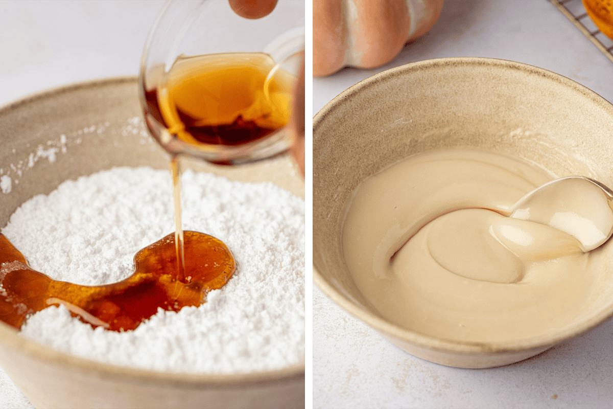 How to Make Pumpkin Spice Donuts (Step-by-Step Photos) A bowl of powder with brown liquid being poured in, beside a bowl of smooth, light brown icing with a spoon in it.