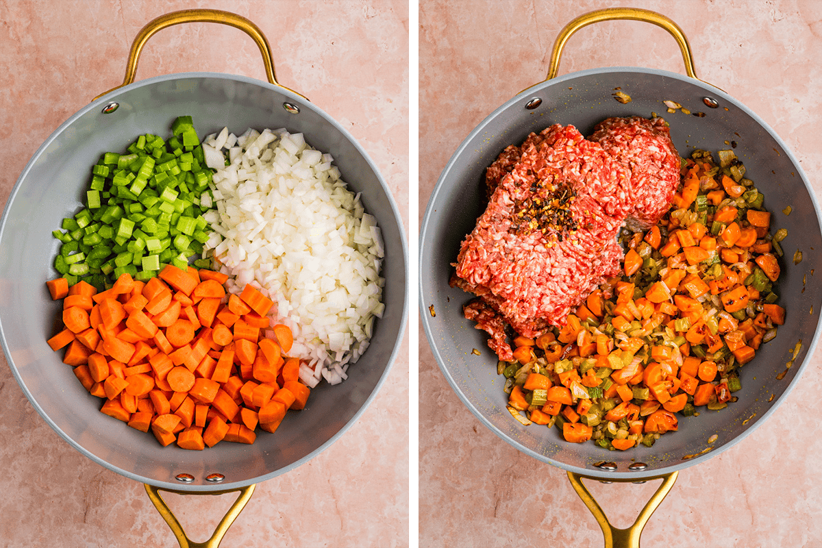 Sausage Ragu (Step-by-Step Photos) Two side-by-side images: left shows chopped celery, onions, and carrots in a pot; right shows the cooked veggies with ground meat and spices added on top, all in the same pot on a pink surface.