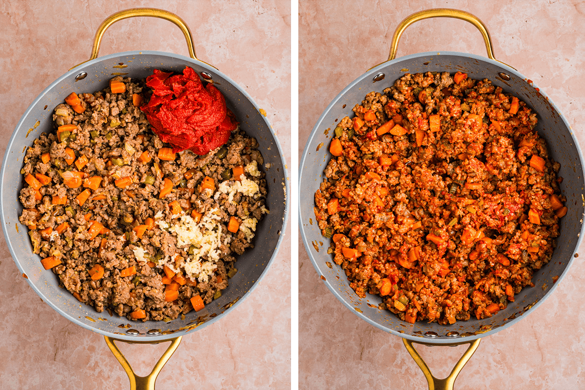 Sausage Ragu (Step-by-Step Photos) Two side-by-side photos of a skillet: the left shows ground meat, diced carrots, garlic, and tomato paste; the right shows the ingredients mixed together into a uniform filling.