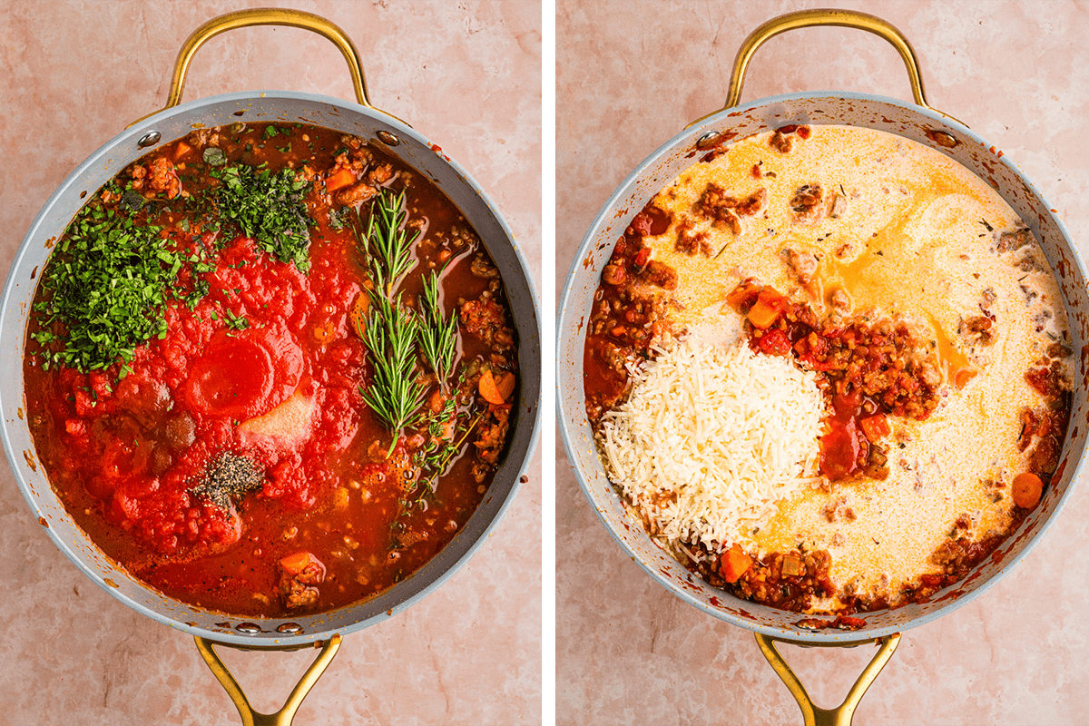 Sausage Ragu (Step-by-Step Photos) Two side-by-side pots show a tomato sauce with herbs on the left and a creamy, cheesy sauce on the right, both filled with ground meat, carrots, and visible seasonings, ready to be mixed.