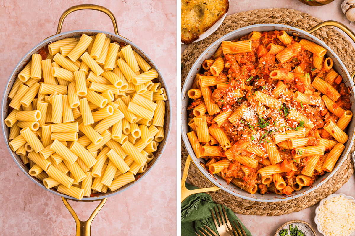 Sausage Ragu (Step-by-Step Photos) Left: A pan filled with plain cooked rigatoni pasta. Right: The same pan with rigatoni pasta mixed in a red tomato sauce, topped with grated cheese and herbs.
