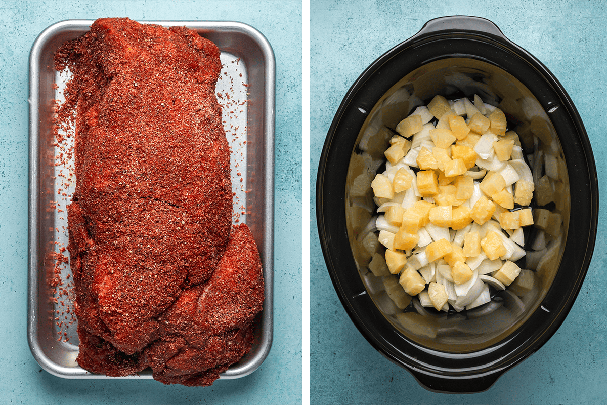 Side-by-side images: on the left, a tray with a large, seasoned raw pork roast; on the right, a slow cooker filled with chopped onions and pineapple chunks. Both are on a light blue background.