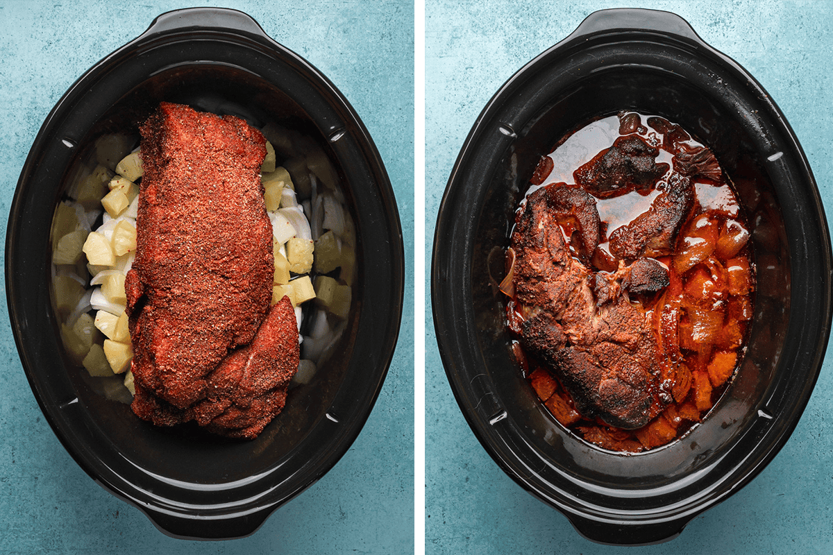 Side-by-side images of a slow cooker: on the left, raw pork with spice rub sits on chopped onions and pineapple; on the right, the pork is cooked, darker, and surrounded by juices.