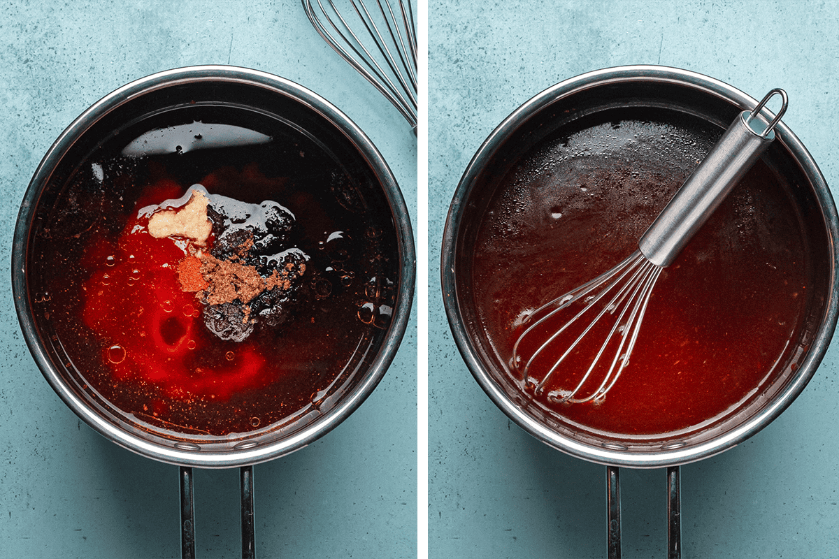 Two images side by side show a saucepan with barbecue sauce ingredients before mixing (left) and after whisking into a smooth sauce (right) on a blue background, with a whisk included in each image.