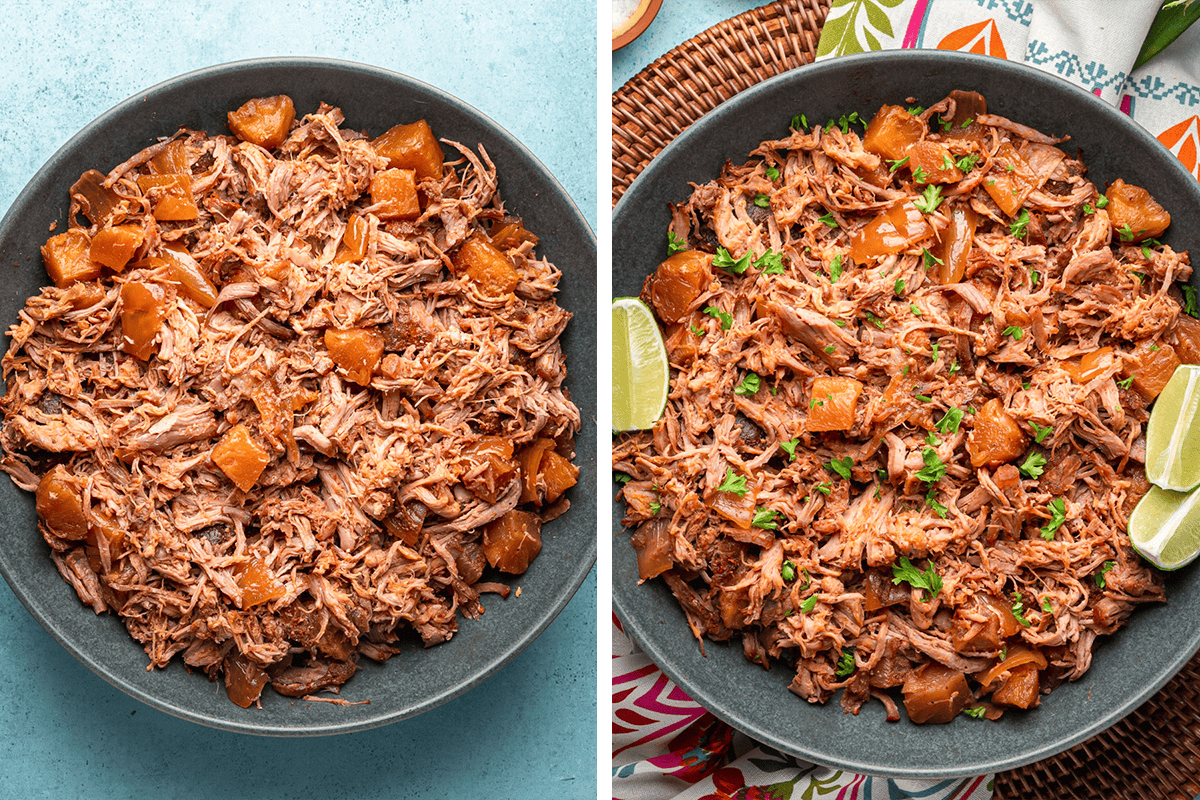Side-by-side images of a dish featuring shredded pork with chunks of pineapple in a bowl. The left image shows the plain dish, while the right image is garnished with herbs and served with lime wedges.
