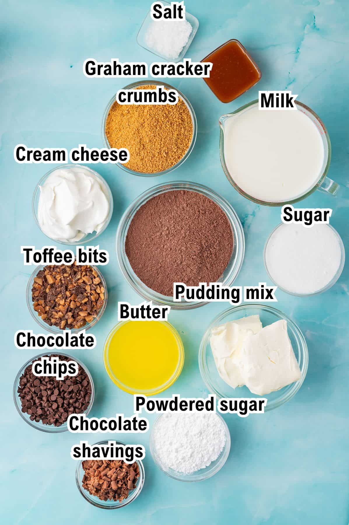 This photo shows all the ingredients (labeled) required to make Chocolate Delight on a blue background.