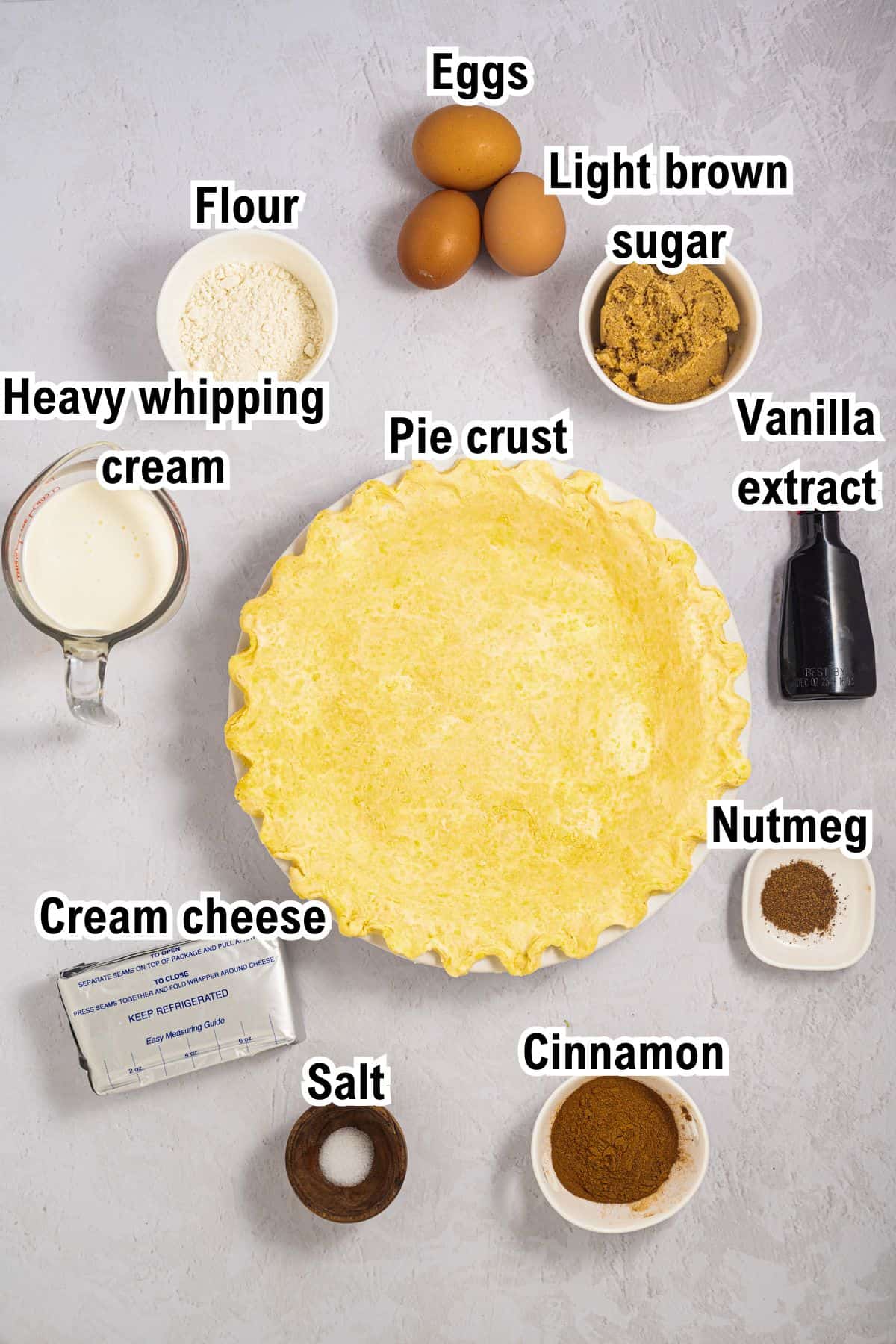 The Ingredients for Cinnamon Pie This photo shows all the ingredients (labeled) for Cinnamon Pie.