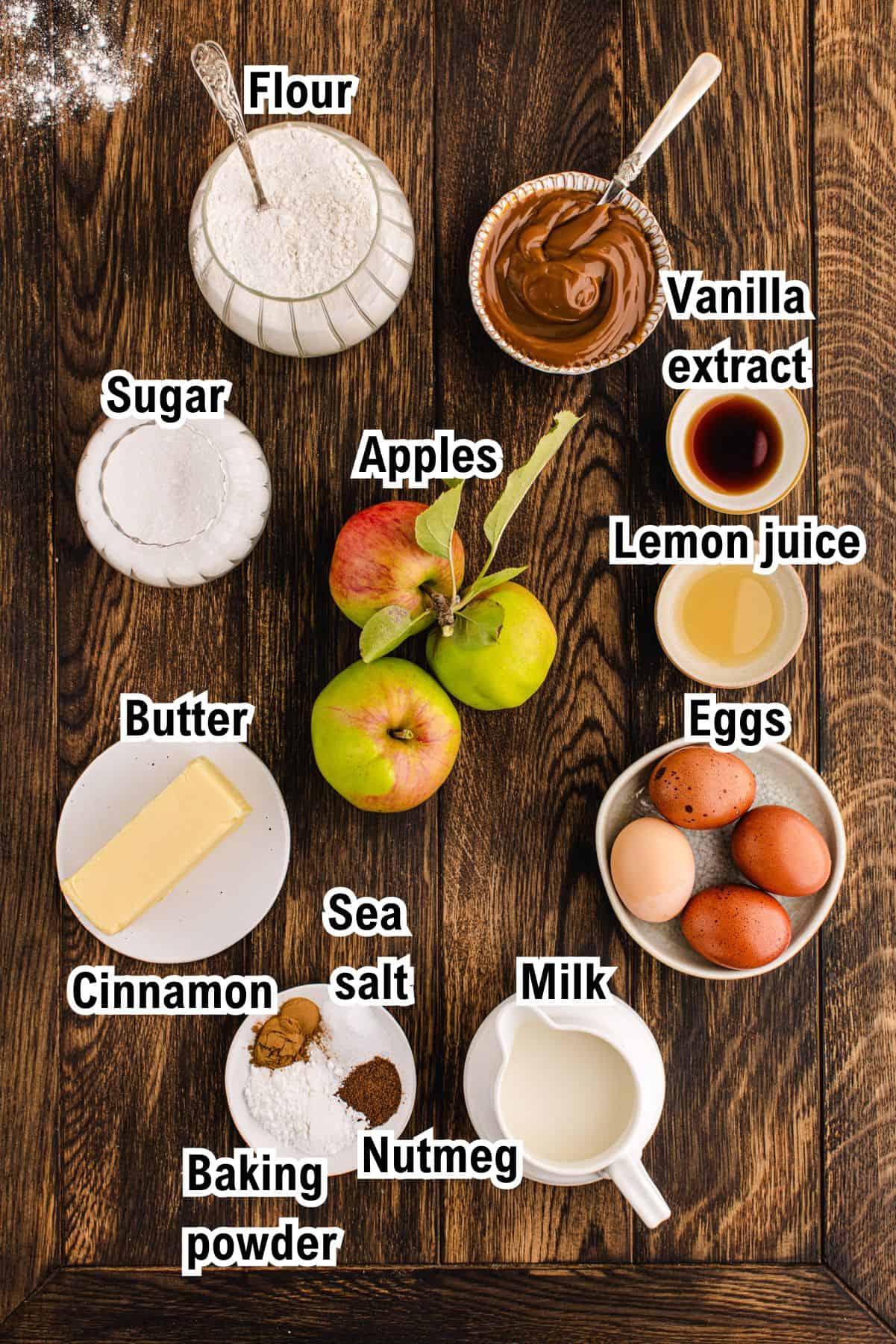 This photo shows all the ingredients (labeled) needed to make German Apple Cake.