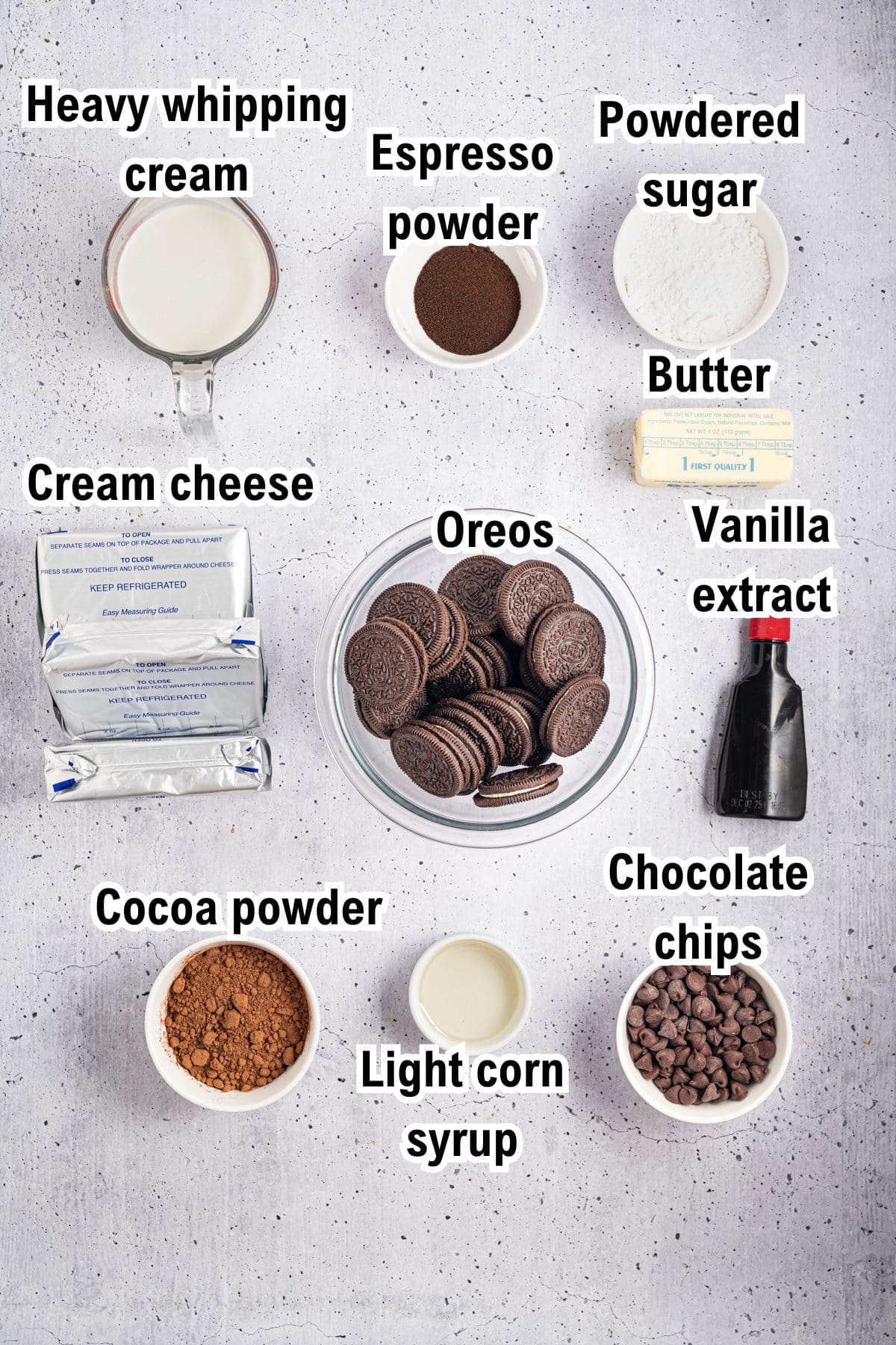 This photo shows all the ingredients (labeled) required to make Mocha Cheesecake,
