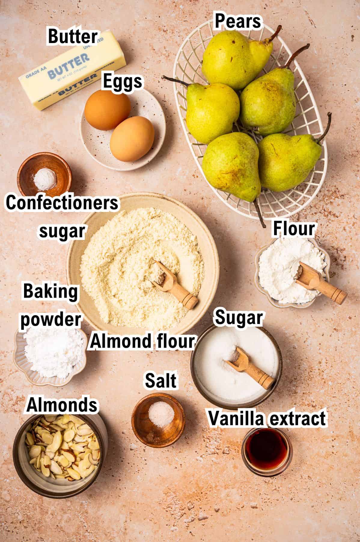 The Ingredients for Pear Cake This photo shows all the ingredients (labeled) for the Pear Cake.