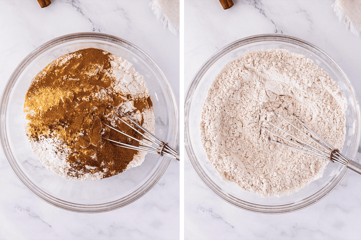 Add flour, baking powder, baking soda, salt, and spices in one bowl and whisk to combine.