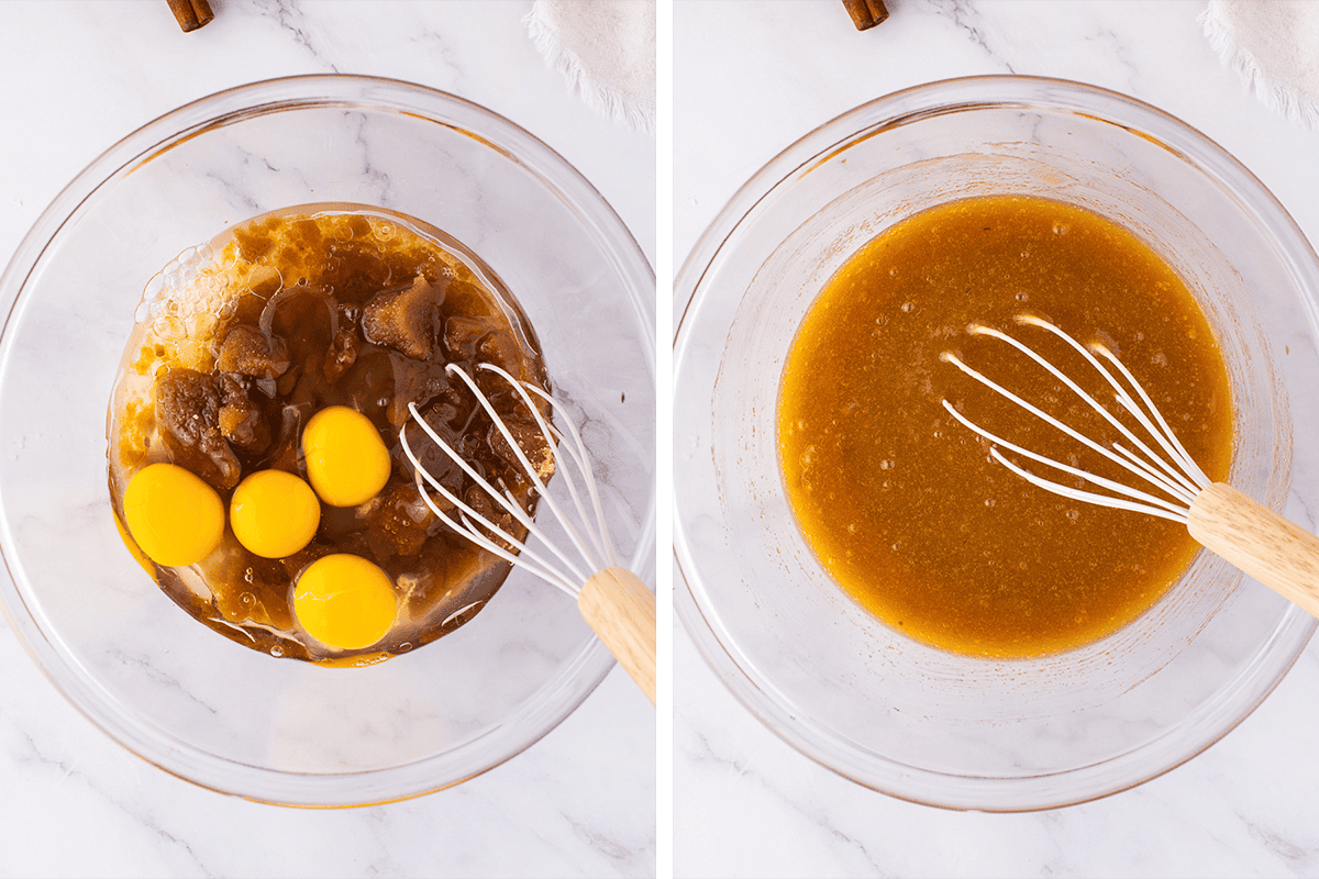 In another bowl, whisk oil, both sugars, and eggs until smooth.