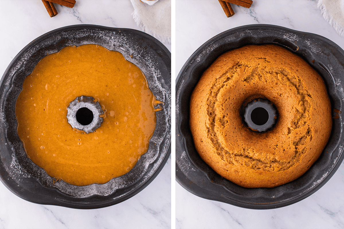 Pouring the cake batter into the bundt pan; then baking until golden brown and done.
