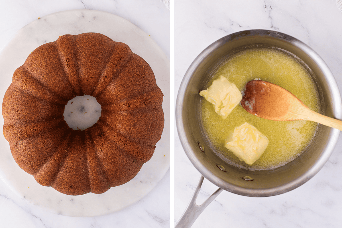 Inverted pumpkin bundt cake on a white surface; Melting butter in a medium saucepan.