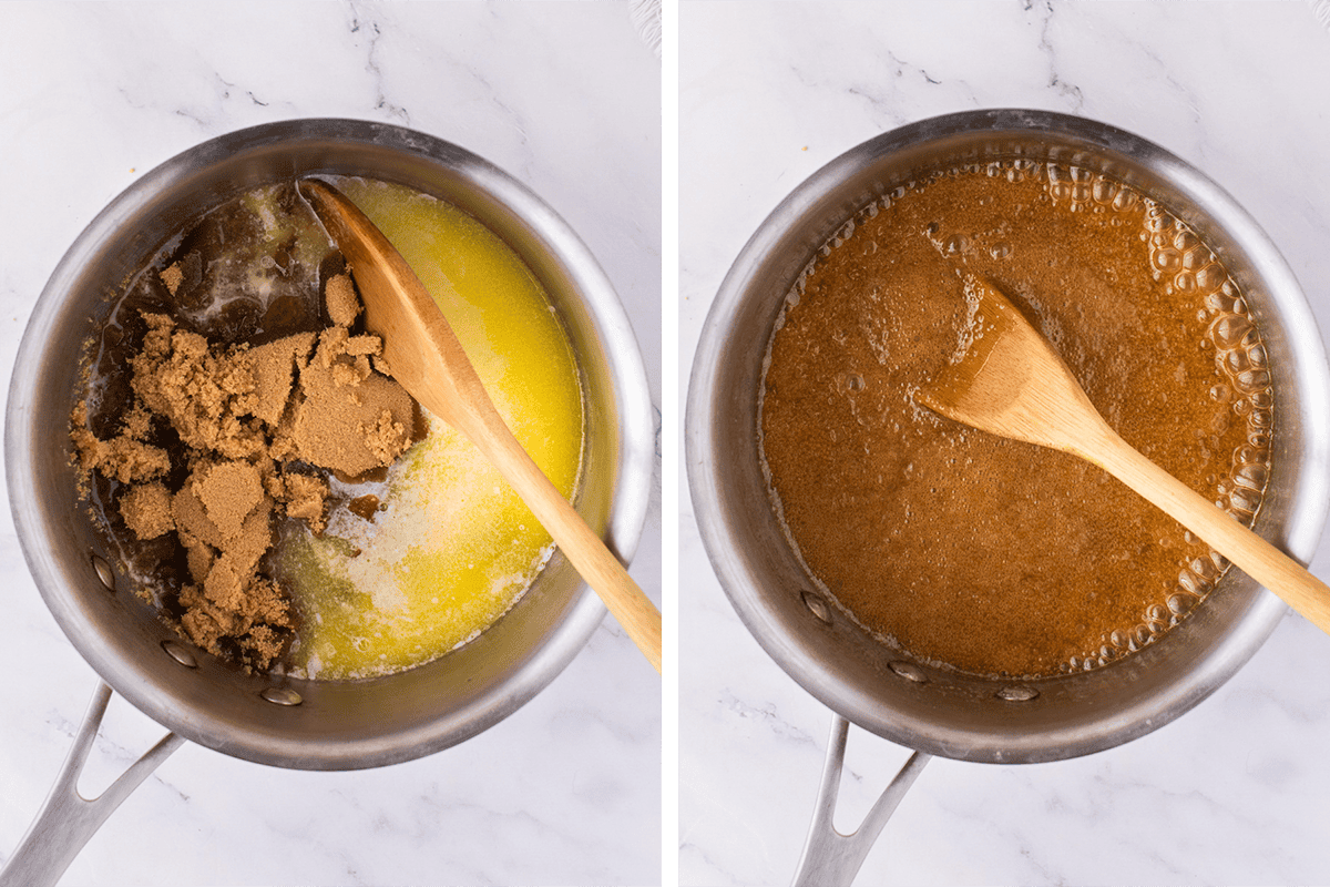 Adding brown sugar and milk over medium heat to the melted butter in a saucepn; bringing to a gentle boil.