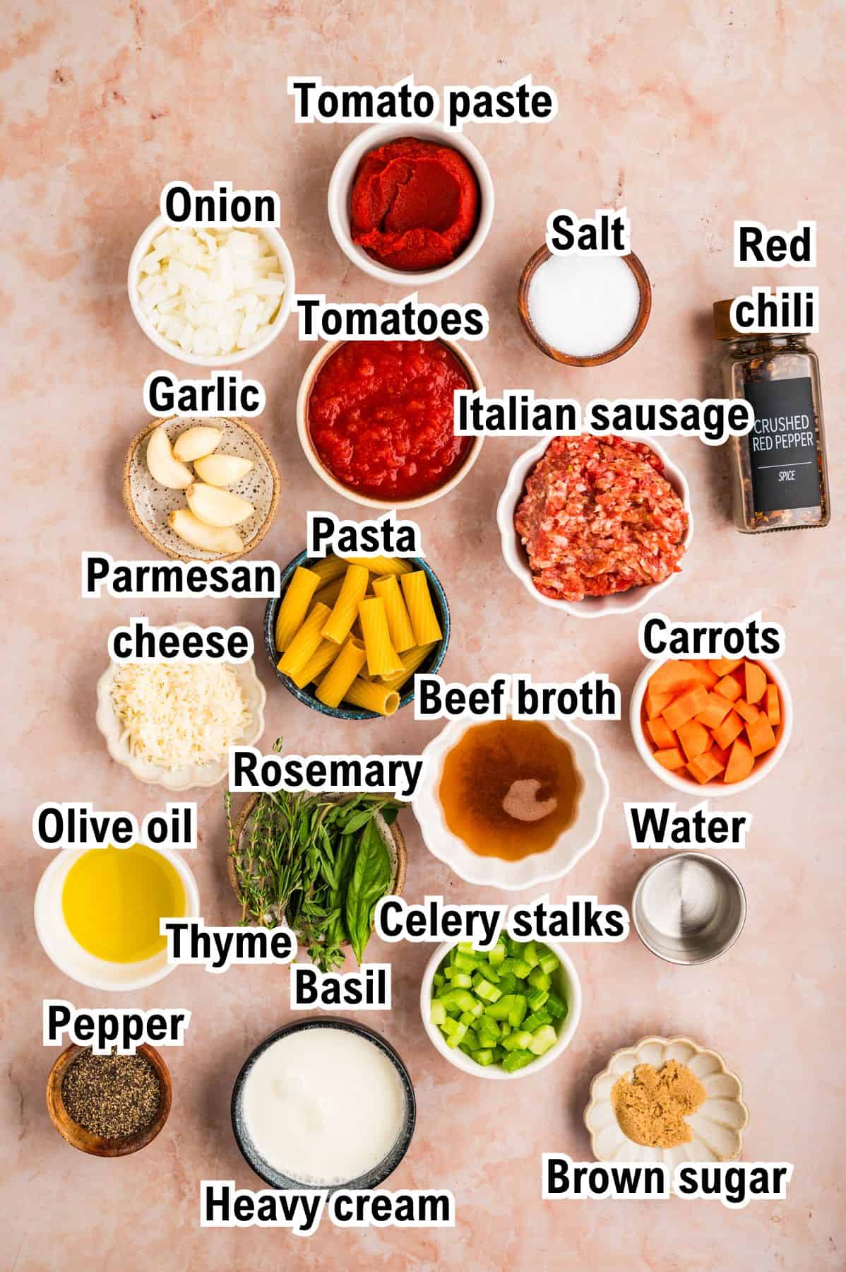 The Ingredients for Sausage Ragu This photo shows the ingredients for Sausage Ragu: A variety of labeled ingredients in bowls on a countertop, including tomato paste, onion, tomatoes, Italian sausage, pasta, cheese, celery, carrots, basil, thyme, olive oil, broth, cream, garlic, and spices.