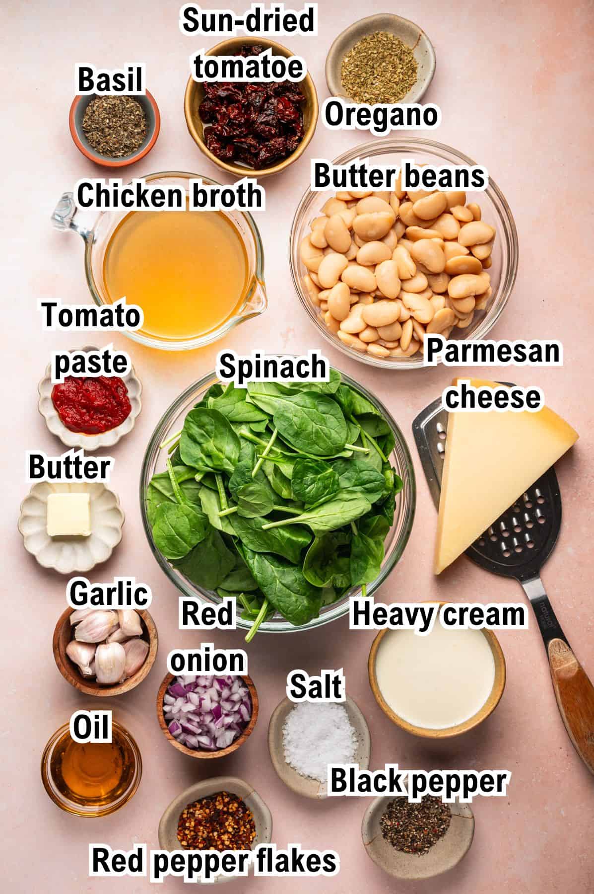 This photo shows all the ingredients for Tuscan Marry-Me Butter Beans.