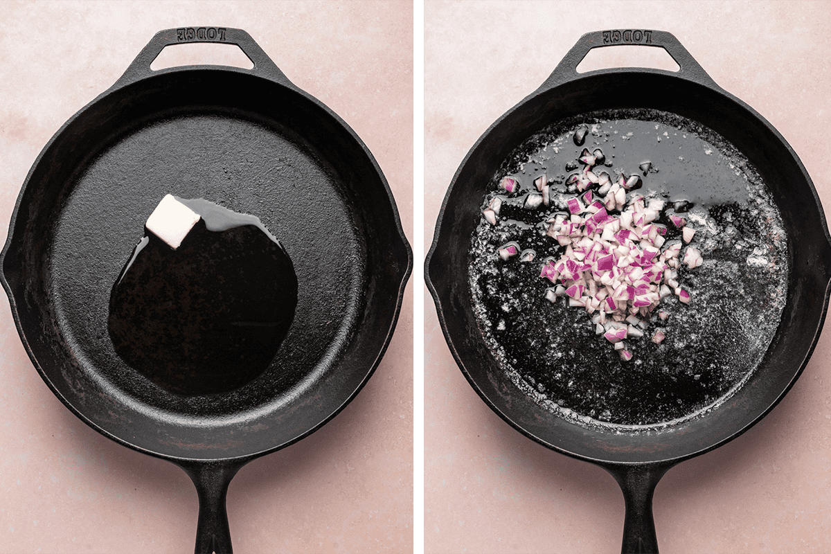 Heating the sun-dried tomato oil and butter in a large cast-iron skillet, then adding chopped red onion.