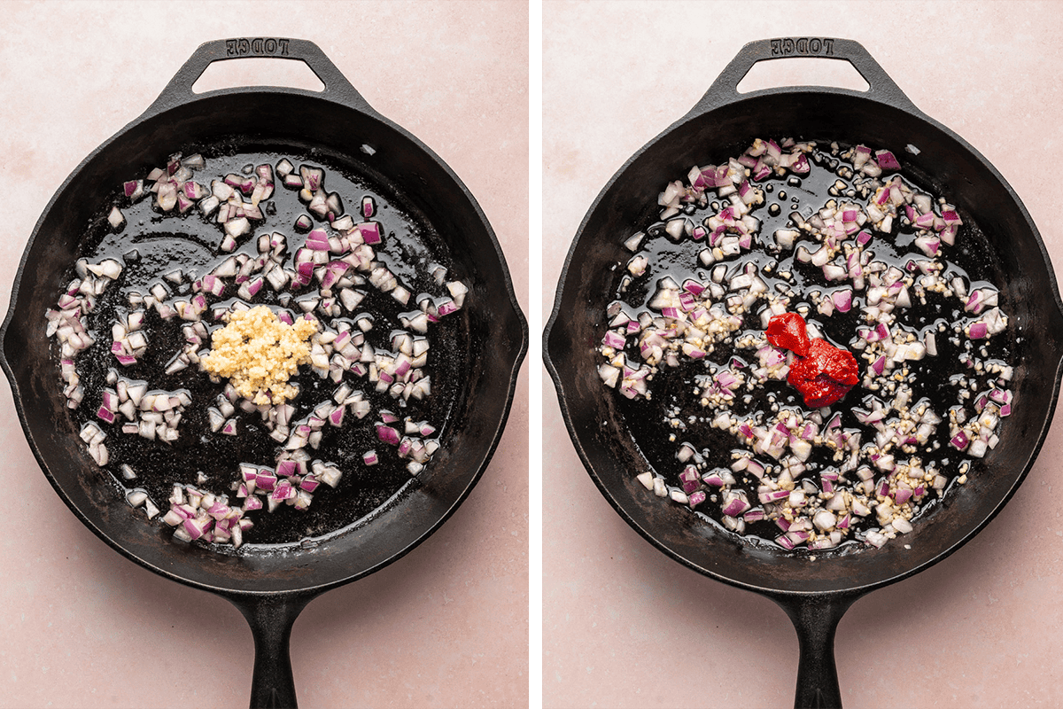 Cooking chopped onions and minced garlic in a cast iron skillet, then stirring in tomato paste.