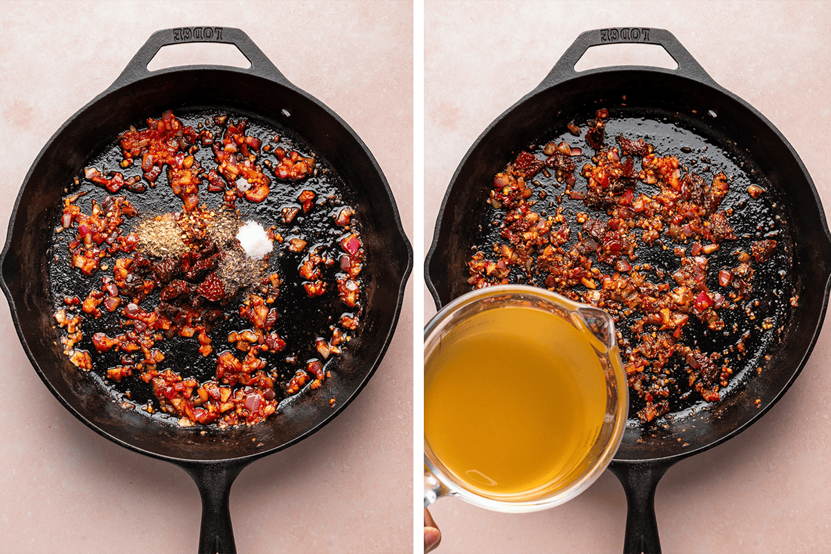 Adding roughly chopped sun-dried tomatoes, oregano, basil, red pepper flakes, salt, and pepper to the tomato paste mixture in a cast iron skillet, then pouring the broth.