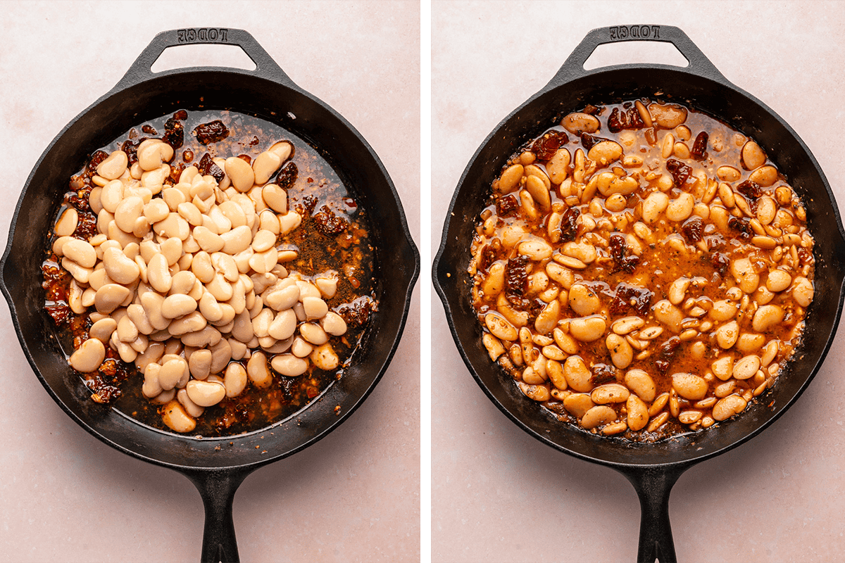 Adding butter beans to the broth in a cast iron skillet and simmering for 5 minutes.