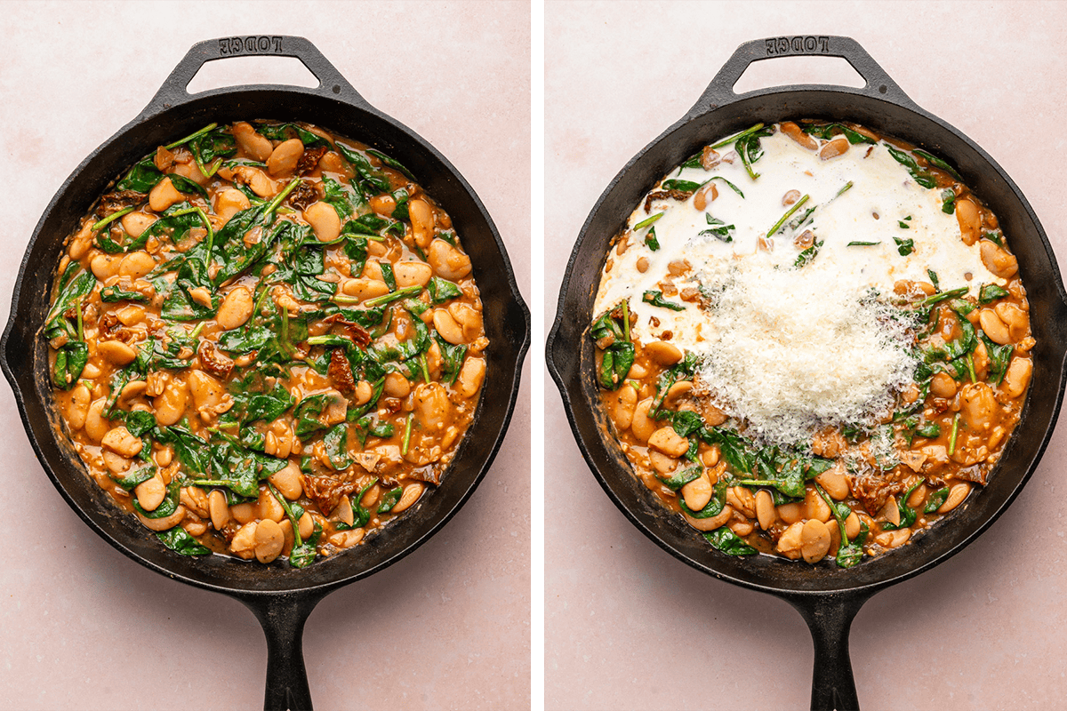 Wiliting the spinach in a cast iron pan, then stirring in cream and grated Parmesan off-heat.