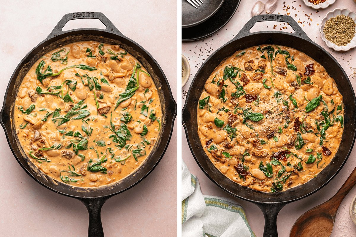 Mixing butter beans together with the creamy sauce and wilted spinah, then seasoning with extra parmesan and black pepper in a cast iron skillet.