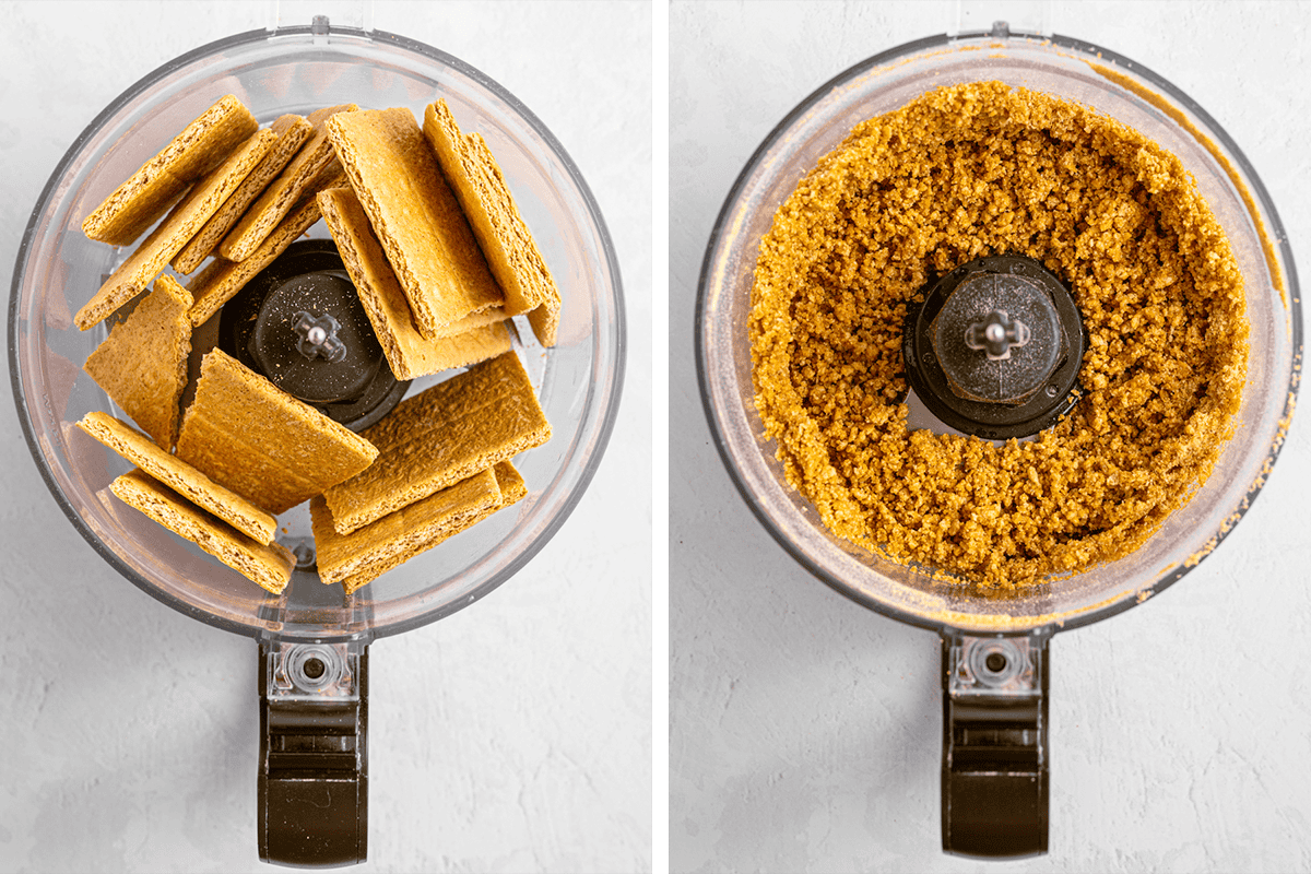 White Chocolate Cheesecake (Step-by-Step Photos) Side-by-side images of a food processor: the left shows whole graham crackers, and the right shows the crackers ground into fine crumbs.