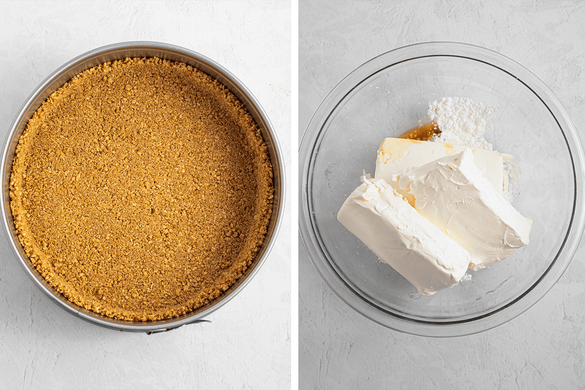 White Chocolate Cheesecake (Step-by-Step Photos) Split image: Left side shows a pan with a pressed graham cracker crust. Right side shows a glass bowl with two blocks of cream cheese, vanilla, and powdered sugar.