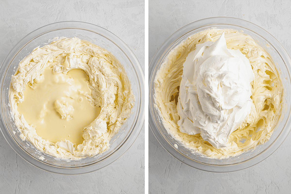 White Chocolate Cheesecake (Step-by-Step Photos) Two glass bowls: the left shows cream cheese and sweetened cream being mixed; the right shows whipped topping added to the creamy mixture.