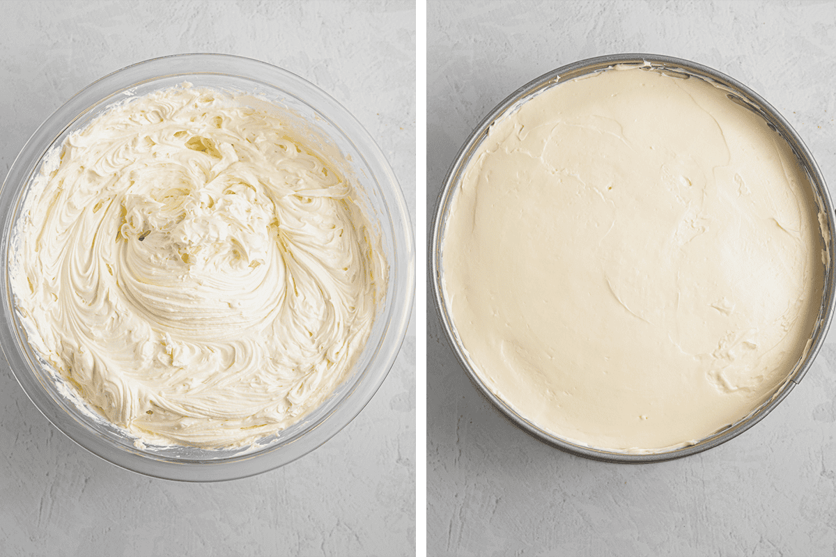 White Chocolate Cheesecake (Step-by-Step Photos) Left: A glass bowl filled with whipped cream cheese mixture. Right: A round cake pan filled with smooth cheesecake batter, ready to be baked.