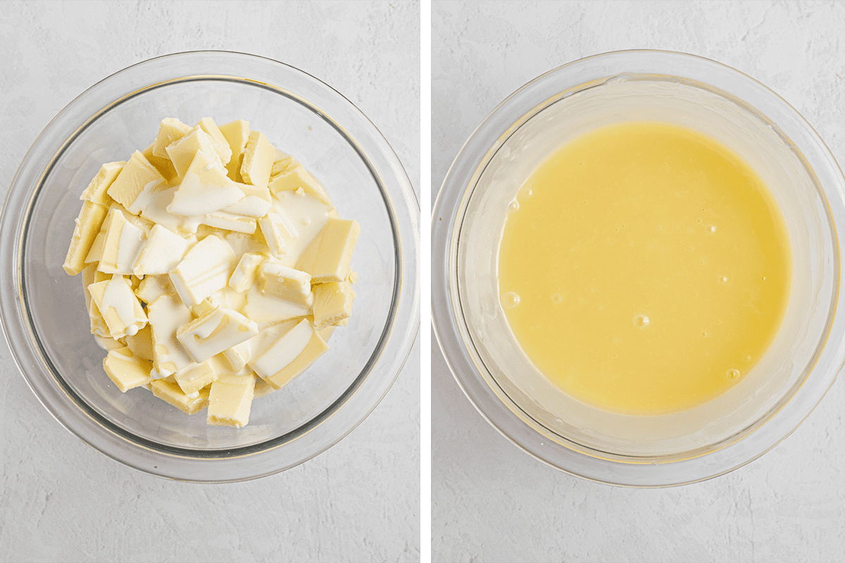 White Chocolate Cheesecake (Step-by-Step Photos) Two glass bowls on a light surface: the left bowl contains chunks white chocolate, while the right bowl shows the mixture melted into a smooth, yellowish liquid.
