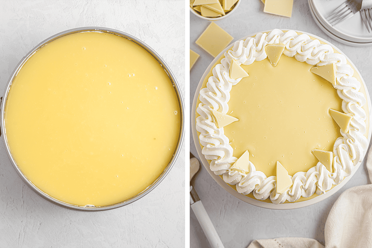 White Chocolate Cheesecake (Step-by-Step Photos) Side-by-side image: Left-plain yellow cheesecake in a pan. Right-cheesecake topped with whipped cream and white chocolate triangles.