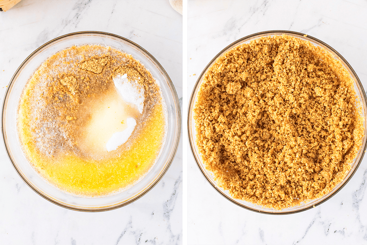 Two clear bowls with crushed graham crackers, sugar, and melted butter on the left, and the mixture combined into a crumbly crust on the right, all on a white marble surface.