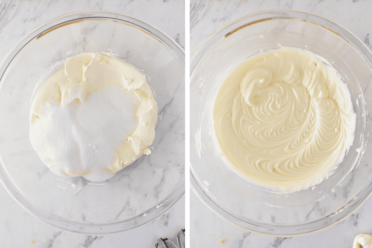 Side-by-side images show a glass bowl with cream cheese and sugar (left) and the same bowl with the mixture smoothly blended (right), both on a white marble surface.