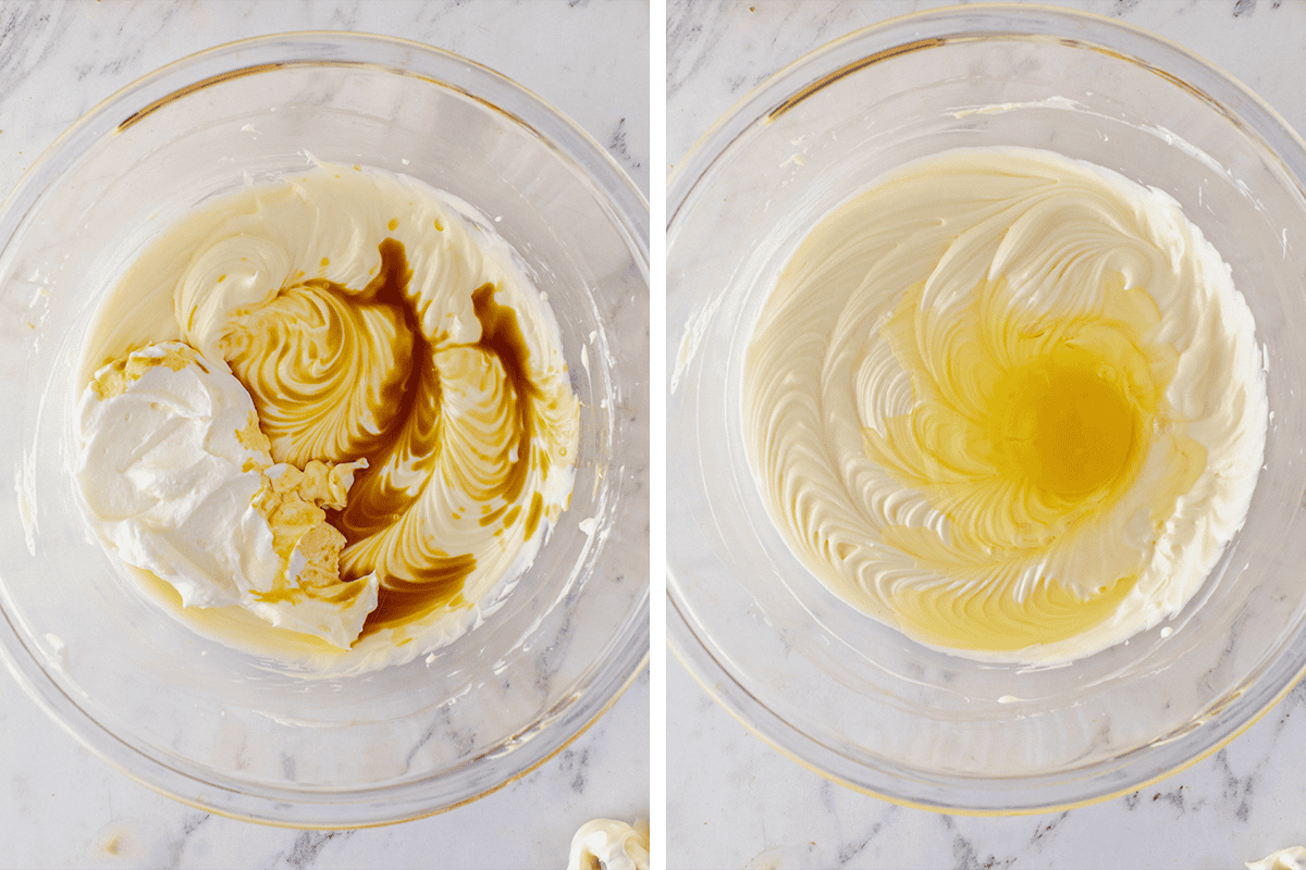 Two glass bowls on a marble surface: the left bowl contains cream cheese, whipped topping, and vanilla extract; the right bowl shows the mixture whipped smooth with a yellow liquid, likely lemon juice or melted butter, added on top.