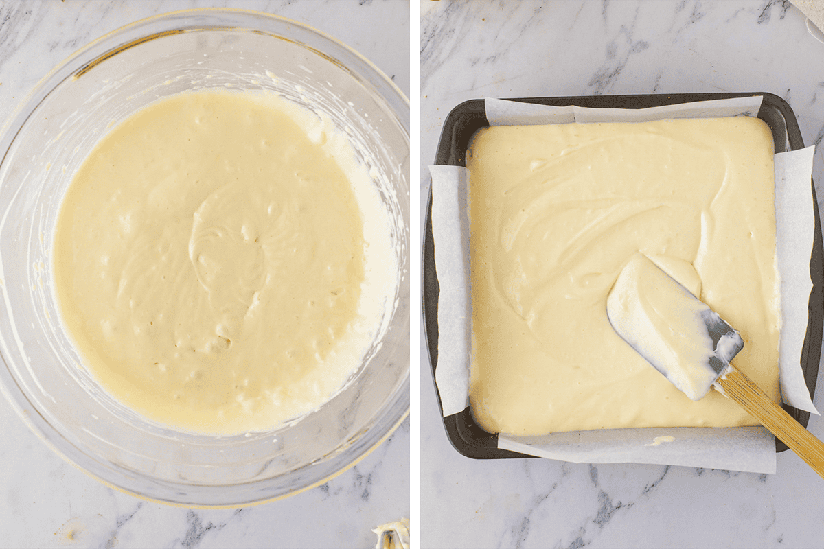 Side-by-side images: left shows a bowl of smooth cake batter; right shows the batter being spread with a spatula in a parchment-lined square baking pan on a marble surface.