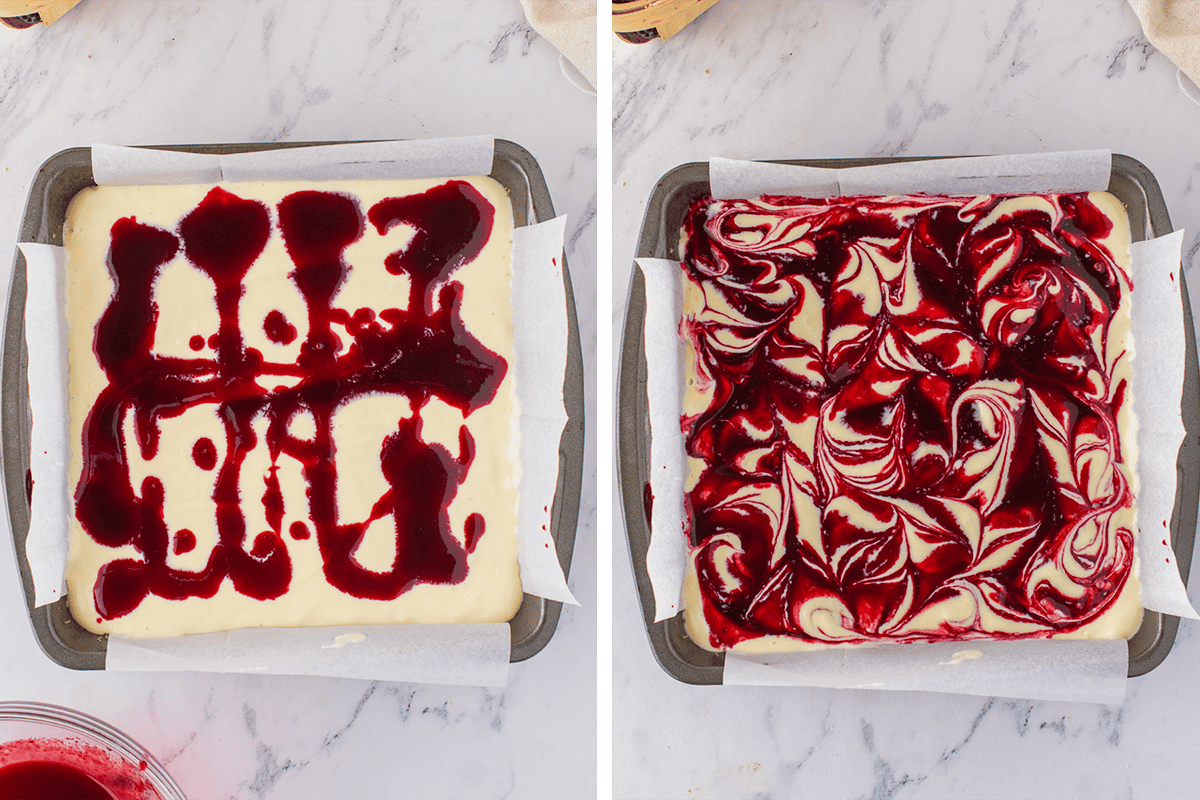 Side-by-side images of a square baking pan with cheesecake batter. The left has uneven red sauce dollops on top; the right shows the sauce swirled into a marbled pattern. Both pans are lined with parchment paper.