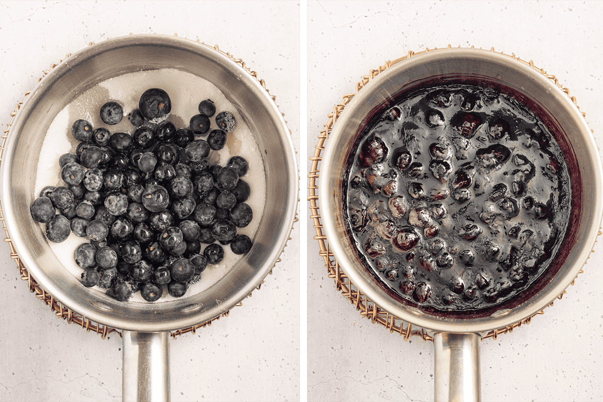 Side-by-side images of a saucepan: the left shows fresh blueberries and sugar before cooking, the right shows the mixture cooked down into a glossy, thick blueberry sauce.