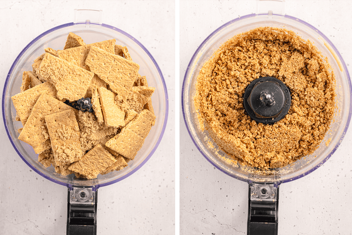 Side-by-side images show a food processor with whole graham crackers on the left and finely crushed graham crackers on the right.