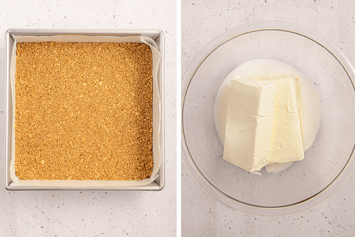 Left: Square baking pan lined with parchment paper, filled with a layer of graham cracker crust. Right: Clear glass bowl with sugar and two blocks of cream cheese on a light countertop.