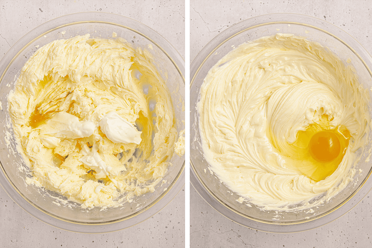 Side-by-side images show a glass bowl with butter, cream cheese, and egg on the left; on the right, the mixture is smooth and creamy, with another egg added on top. Both bowls are on a light countertop.