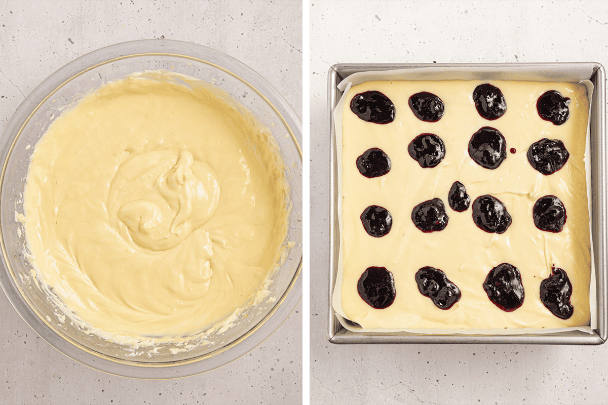 A bowl of creamy cheesecake batter sits on the left, while on the right, the batter is spread in a square pan with dollops of blueberry sauce on top, ready to be swirled or baked.