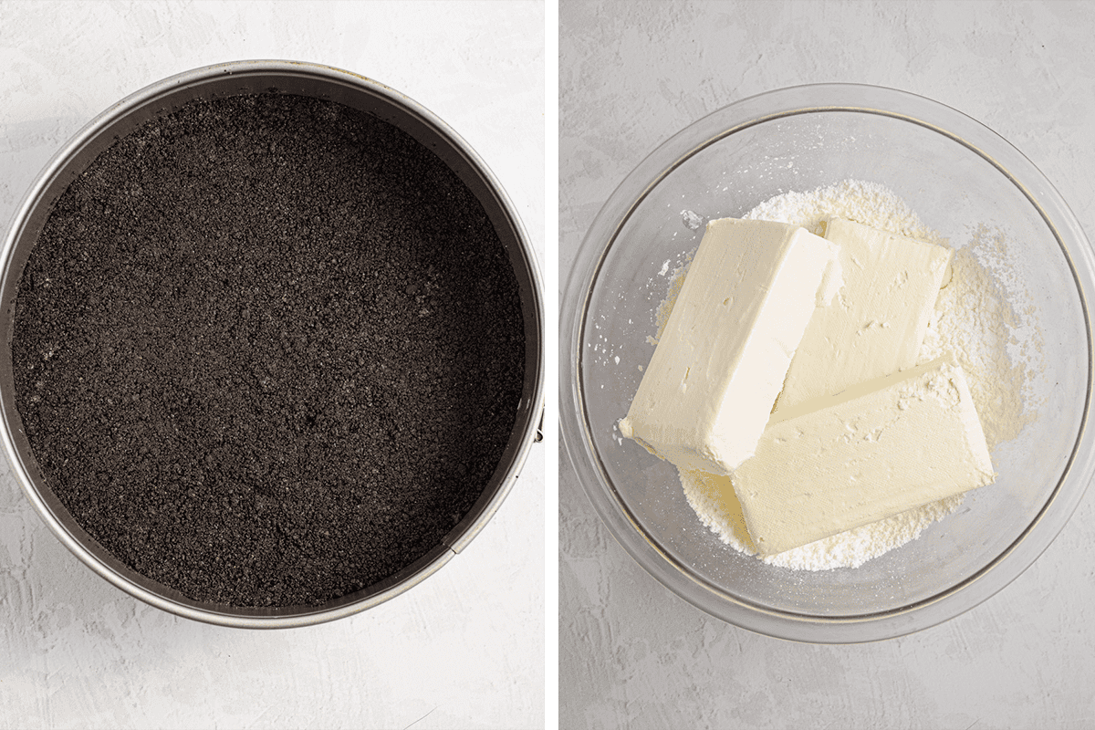 How to Make Grasshopper Cheesecake (step-by-step photos) Side-by-side images: on the left, a springform pan with a dark, crumbly cookie crust; on the right, a glass bowl holding sticks of cream cheese and white powdered sugar.
