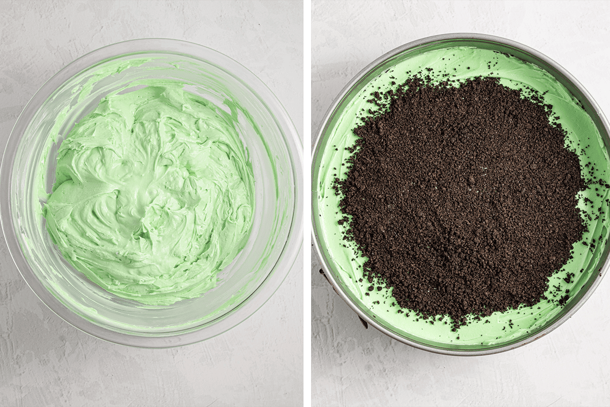 How to Make Grasshopper Cheesecake (step-by-step photos) Side-by-side images: left, a bowl of whipped, light green mint filling; right, the same filling in a pan topped with a layer of crushed chocolate cookies (Oreos).