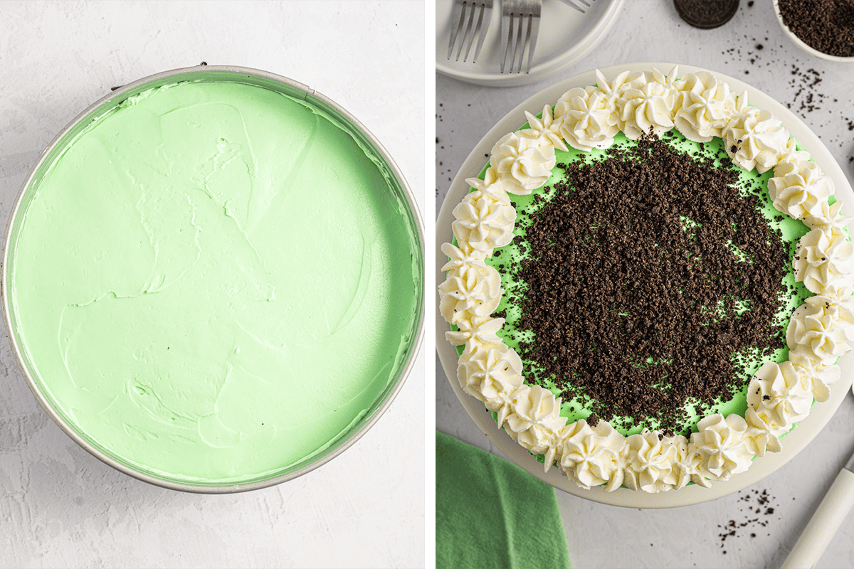 How to Make Grasshopper Cheesecake (step-by-step photos) Side-by-side images: left, a round pan filled with smooth, light green cheesecake filling; right, a finished Grasshopper cheesecake topped with white whipped cream swirls and a center layer of dark Oreo cookie crumbs on a white plate.
