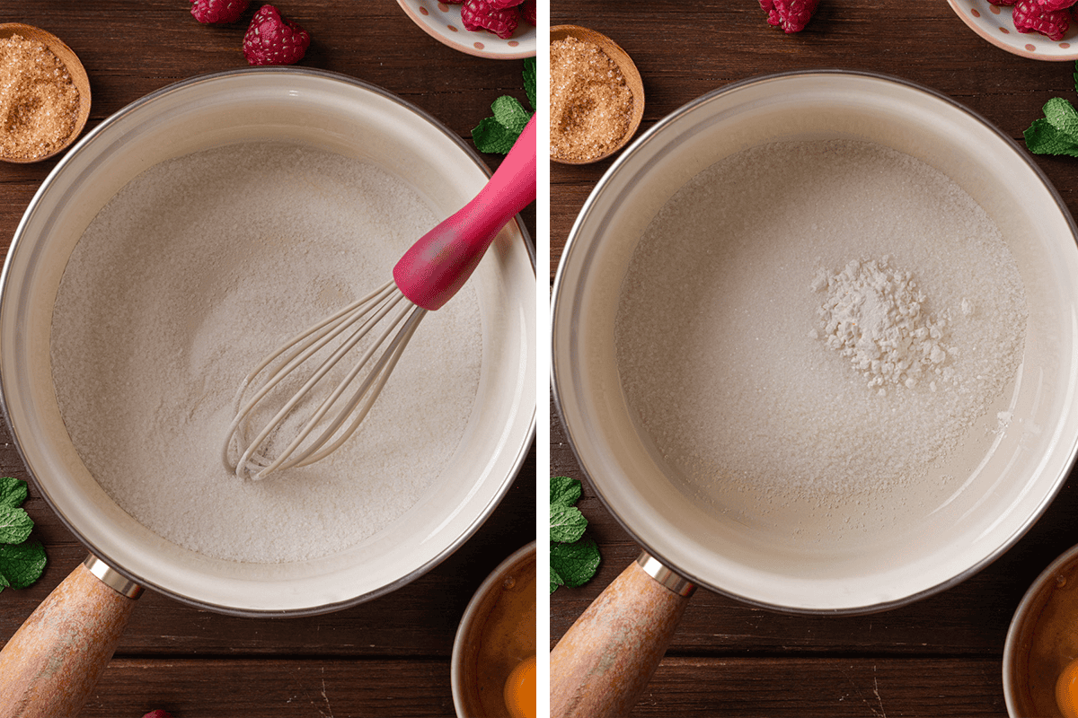 Two images side by side show a saucepan with sugar. The left image shows a whisk in sugar; the right shows sugar mounded in the saucepan. 
