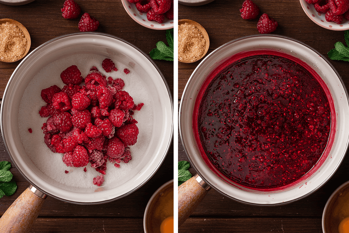 Side-by-side images show a saucepan with raspberries and sugar on the left, and the same saucepan with cooked raspberry sauce on the right. 
